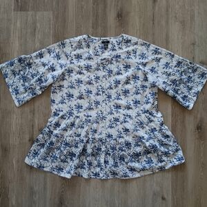 Ellos Peasant Tunic Womens Large Top Floral Blue Embroidered RuffleTiered Fairy